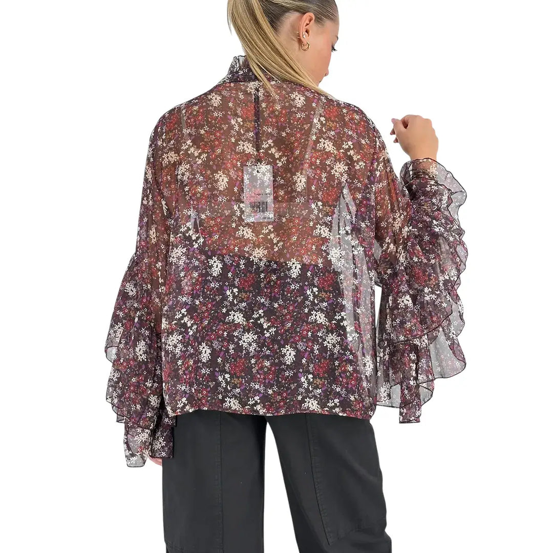 Bassini Camicia Donna Violet con Stampa Floreale, Collo alla Coreana e Maniche a Tre Quarti con Rouches