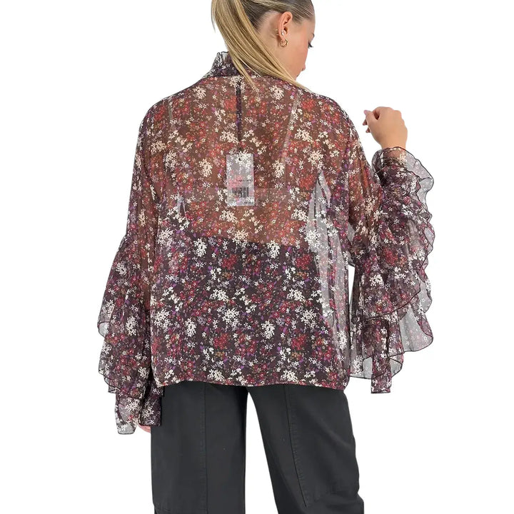 Bassini Camicia Donna Violet con Stampa Floreale, Collo alla Coreana e Maniche a Tre Quarti con Rouches