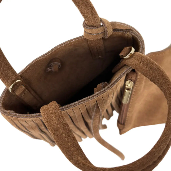 Bassini Borsa Donna Mini in Pelle Scamosciata con Due Manici, Tracolla Rimovibile e Frange Cognac