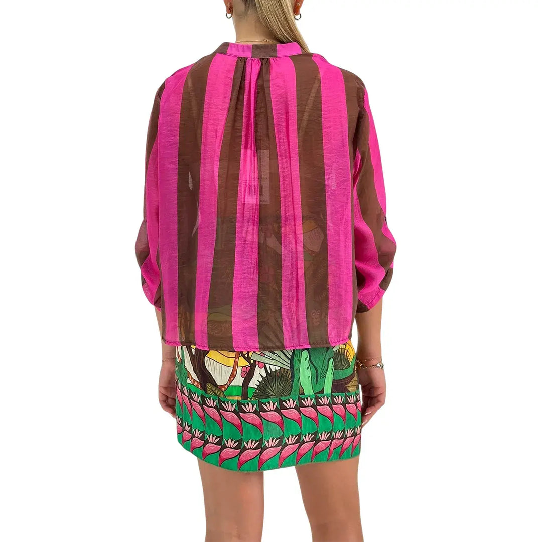 Bassini Women's Brown and Fuchsia Wide Striped Shirt with Mandarin Collar and Three-Quarter Sleeves
