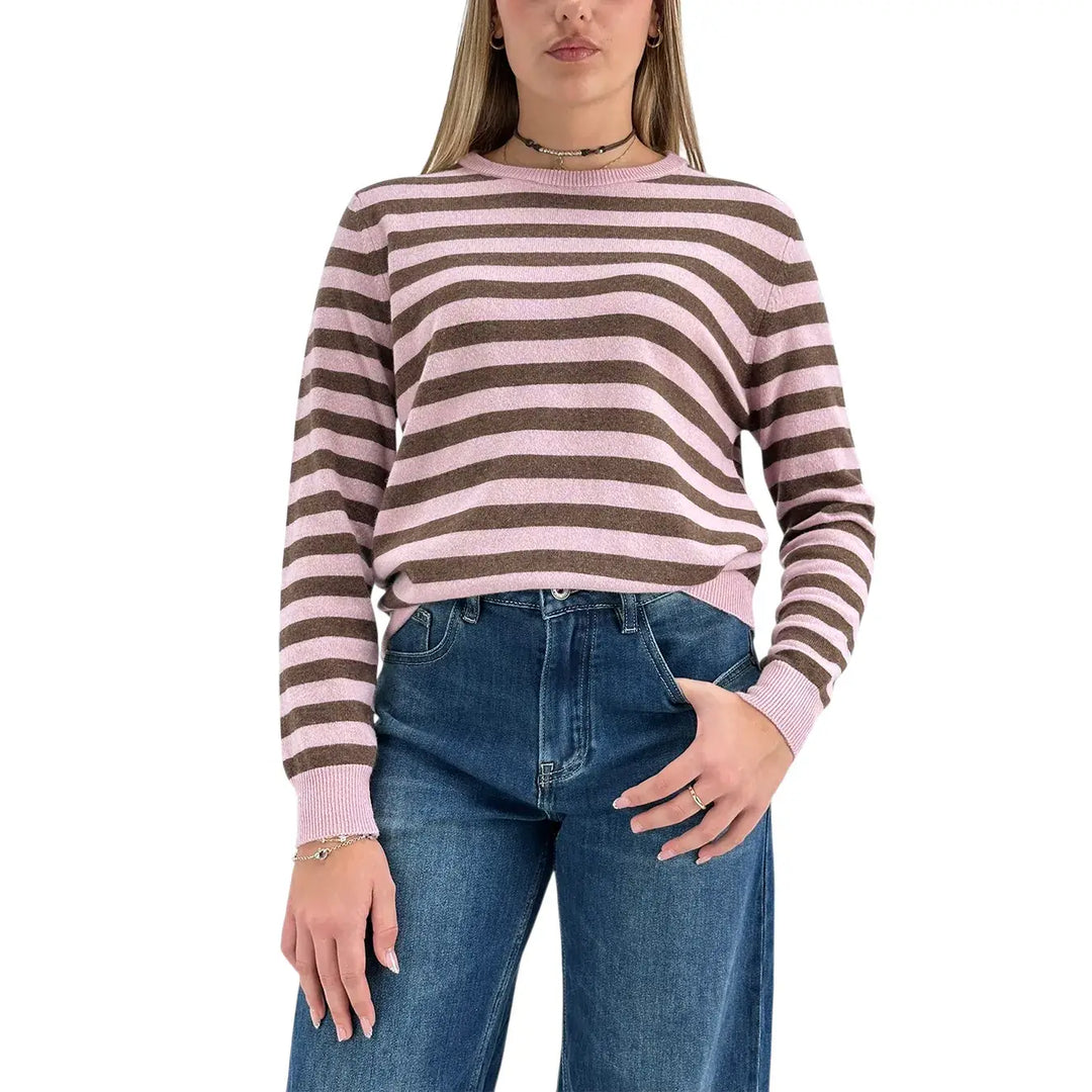 Bassini Maglia Donna Rosa a Righe Cioccolato Girocollo Oversize con Maniche Lunghe