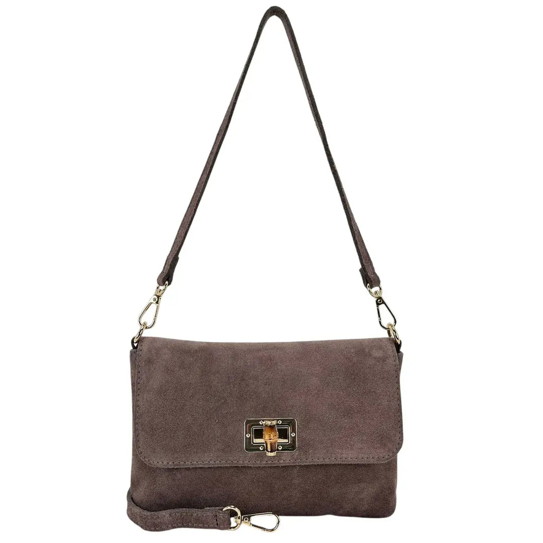 Bassini Borsa Donna in Pelle Scamosciata Taupe con Pattina e Girello in Bambù e Tracolla Rimovibile