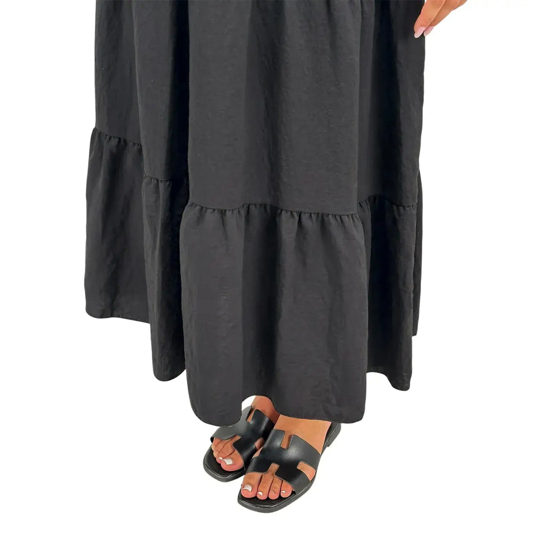 Bassini Abito Donna Nero in Mussola con Scollo V Elastico in Vita e Cinta Intrecciata
