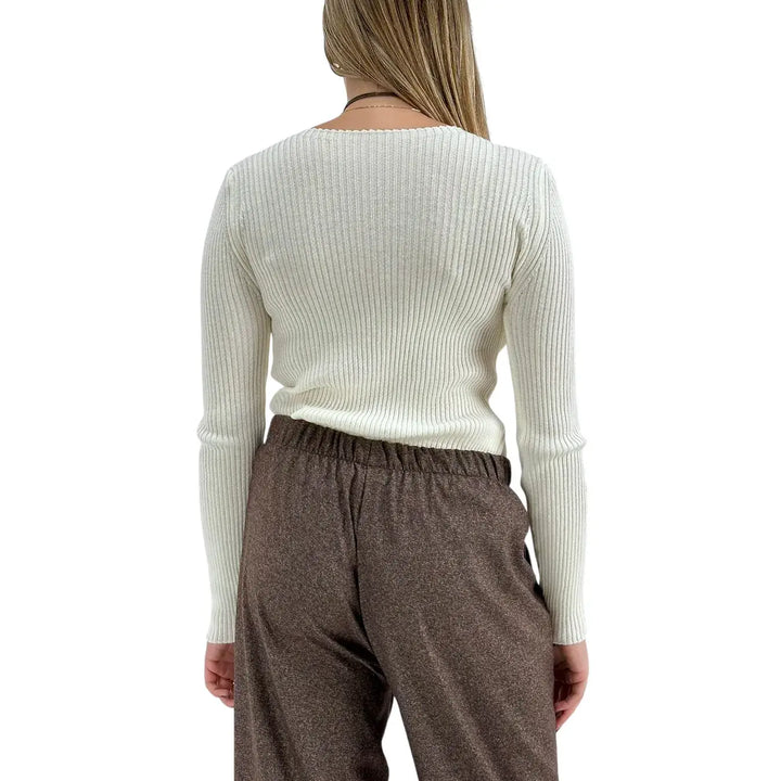 Bassini Maglia Donna Avorio a Coste Girocollo Basic a Maniche Lunghe