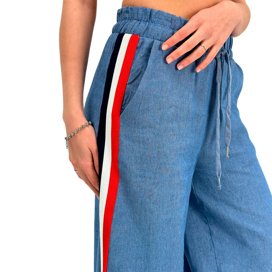 Motel Women's Trousers, Long, Side Stripe, Mixed Fabric, Denim
