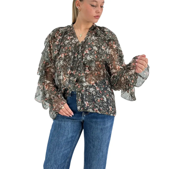 Bassini Camicia Donna Verde con Stampa Floreale, Scollo a V e Rouches su Maniche e Spalle