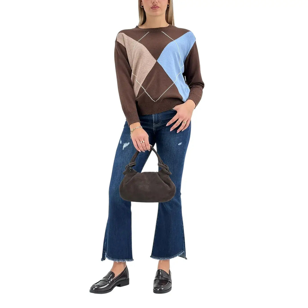 Bassini Maglia Donna Cioccolato a Rombi Celeste e Cammello con Girocollo e Maniche Lunghe