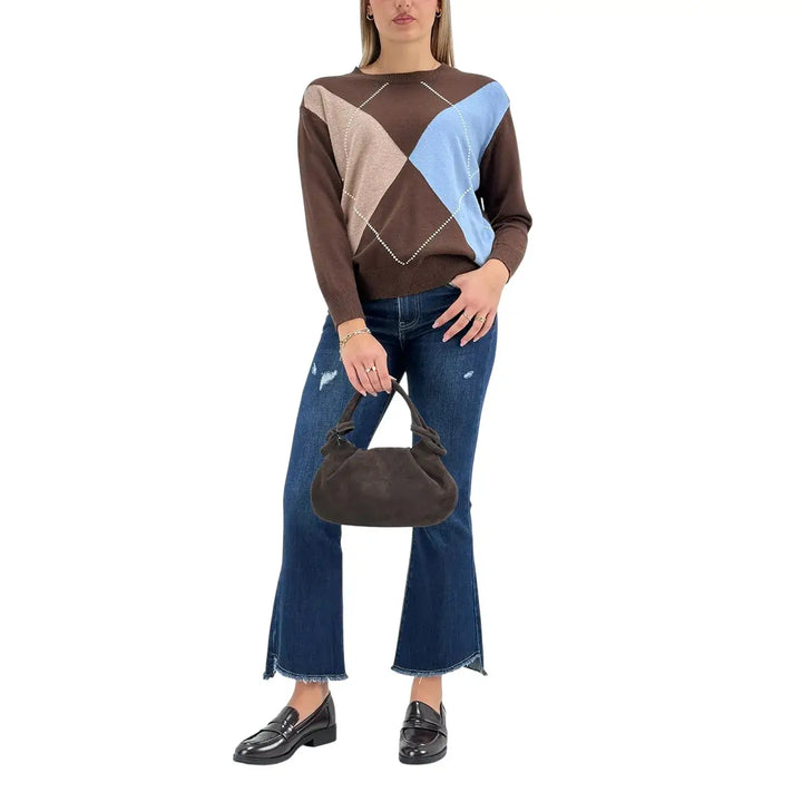Bassini Maglia Donna Cioccolato a Rombi Celeste e Cammello con Girocollo e Maniche Lunghe