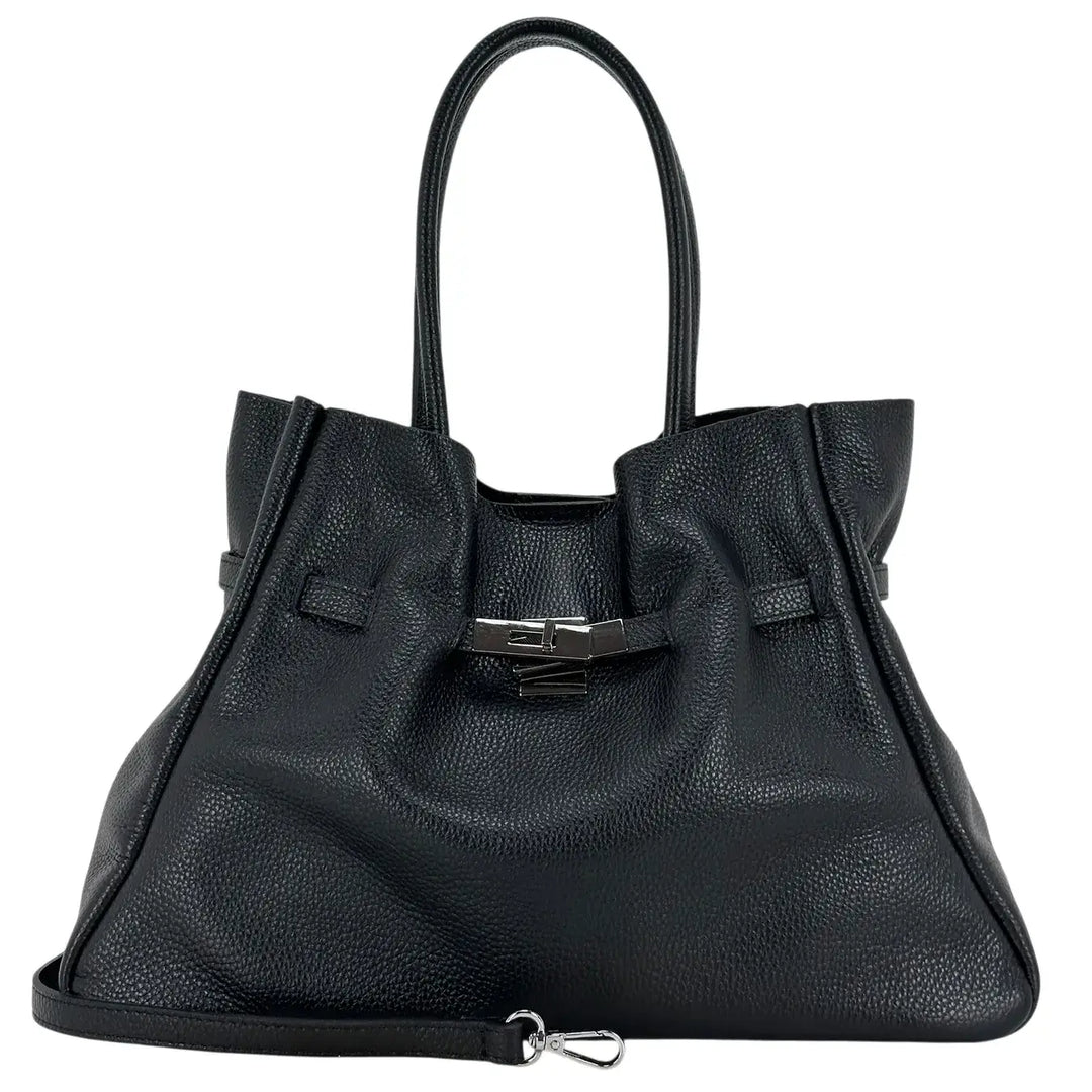 Bassini Borsa Donna in Pelle Nera con Due Manici, Tracolla Rimovibile e Chiusura Magnetica