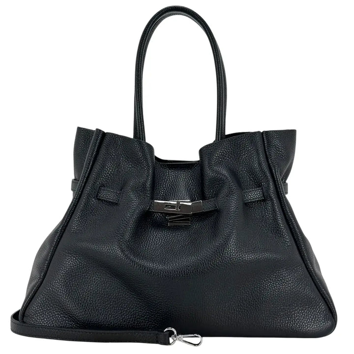 Bassini Borsa Donna in Pelle Nera con Due Manici, Tracolla Rimovibile e Chiusura Magnetica