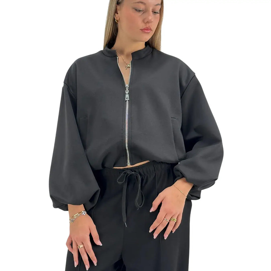Bassini Giacchetto Donna Nero in Felpa con Zip, Maniche a Sbuffo e Tasche Laterali