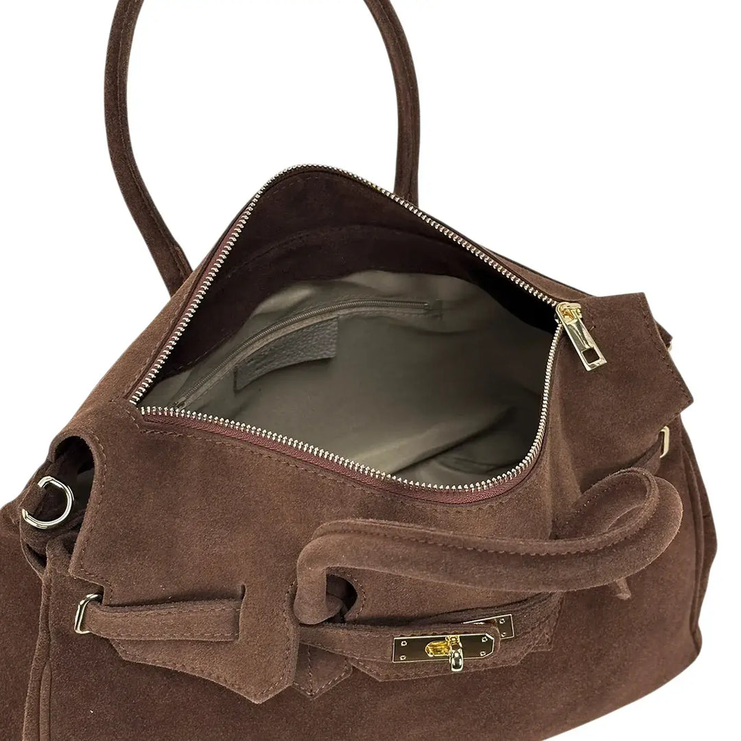 Bassini Borsa Donna in Pelle Scamosciata Castagna con Doppi Manici, Tracolla Rimovibile e Chiusura con Zip