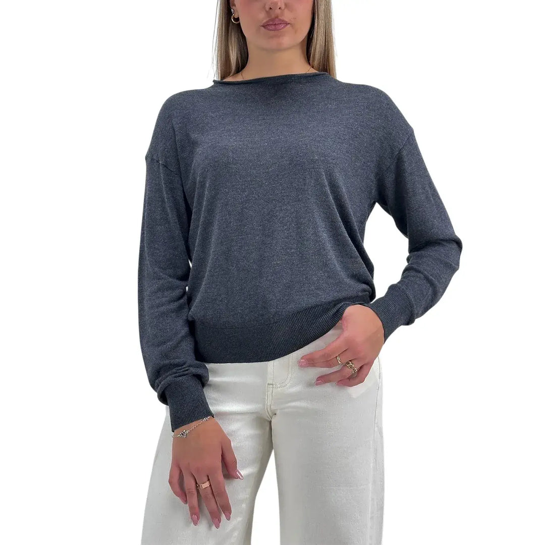 Bassini Maglia Donna Antracite Crop Over con Girocollo Orlato e Maniche Lunghe