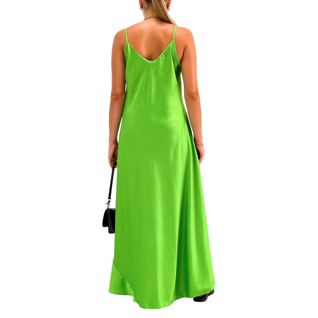 Bassini Abito Donna Verde Prato Sottoveste con Spallini e Collana Piuma Inclusa