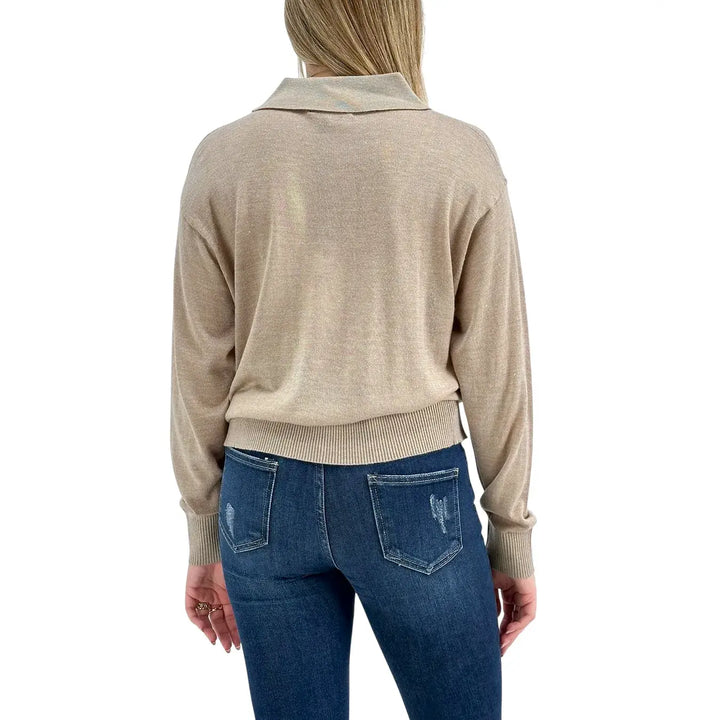 Bassini Maglia Donna Cammello Polo Crop Over a Tre Bottoni con Maniche Lunghe