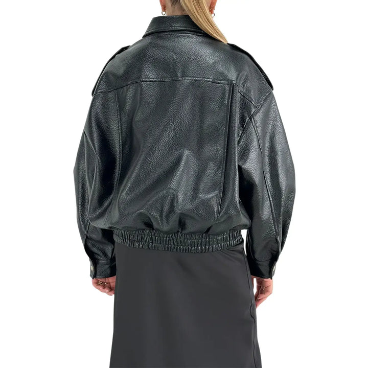 Bassini Bomber Donna Nero Oversize in Ecopelle Effetto Dollaro con Zip e Cintura in Vita