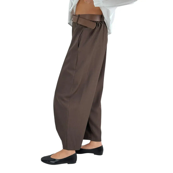 Bassini Pantaloni Donna Marroni a Portafoglio con Elastico in Vita e Cintura in Ecopelle