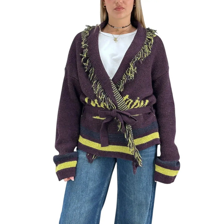 Bassini Maglia Donna Borgogna Aperta con Cintura in Maglia, Bordi Sfrangiati e Ricamo Mountain