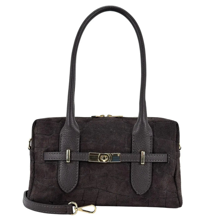 Bassini Borsa Donna a Bauletto in Pelle Scamosciata Cioccolato Stampa Cocco con Manici e Tracolla Rimovibile