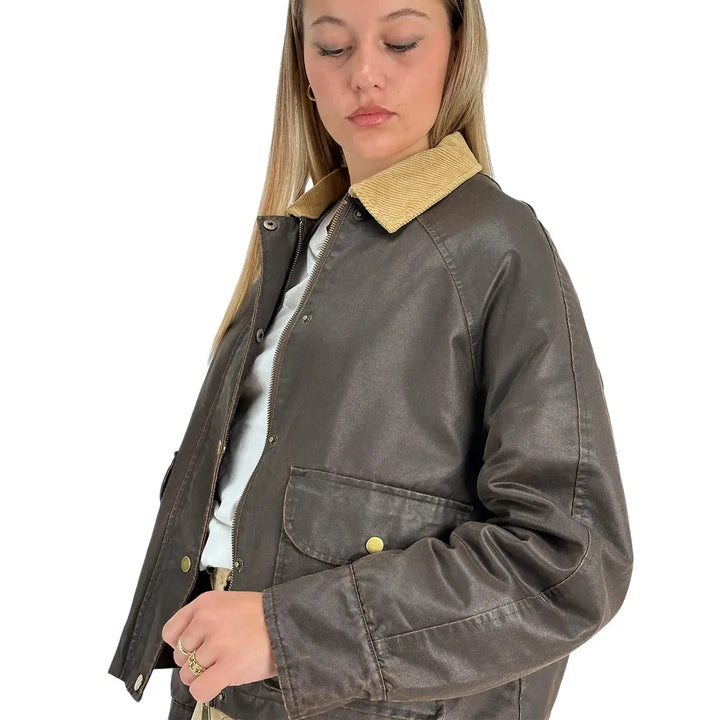 Bassini Giacca Donna Marrone Effetto Cerato Crop con Collo in Velluto Beige e Imbottitura