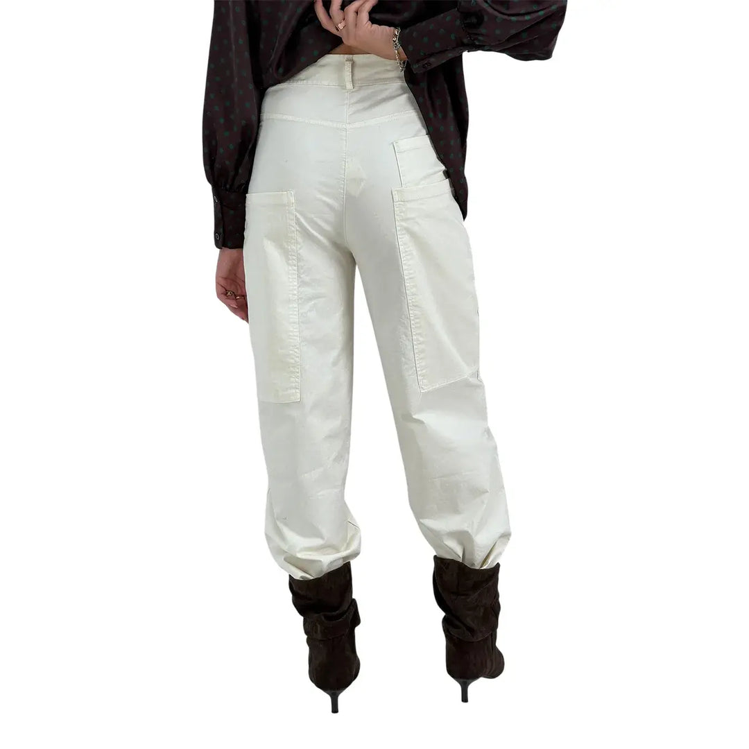 Bassini Pantaloni Donna Palazzo Avorio Oversize in Tessuto Elasticizzato con Tasche a Toppa