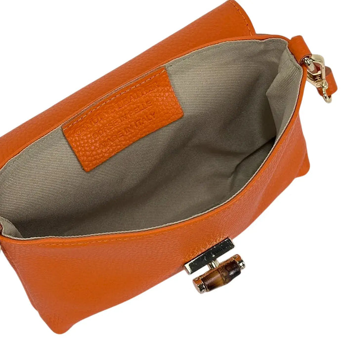 Bassini Borsa Donna Mini in Pelle Arancio con Pattina Girello Bambù e Tracolle Rimovibili