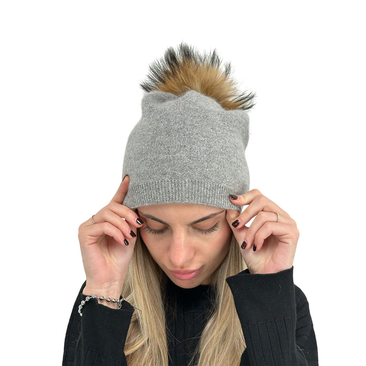 Bassini Cappello Donna, Cuffia, Pompon, Tessuto Misto, Grigio