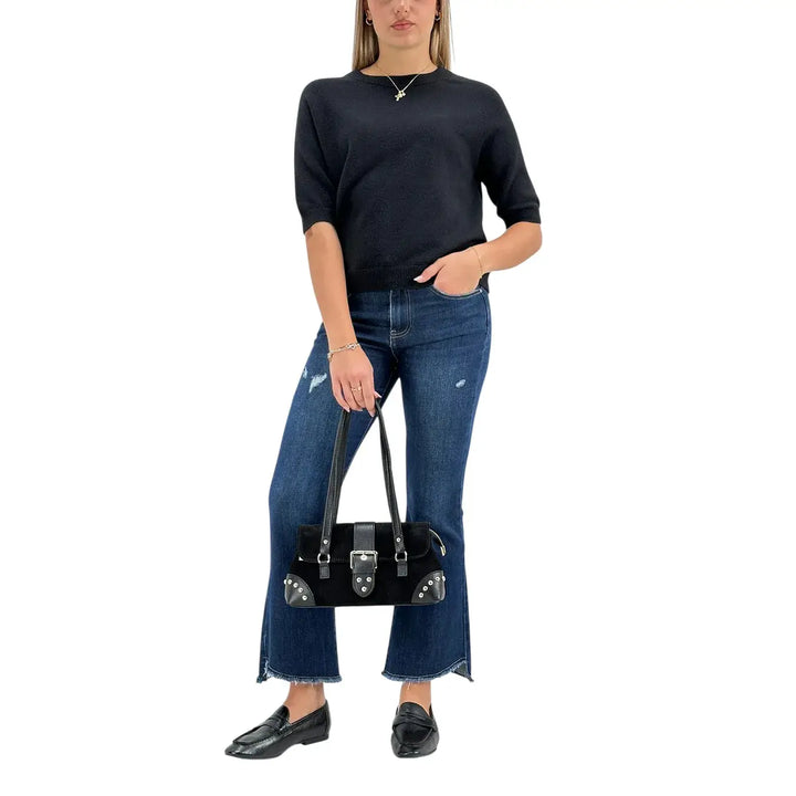 Bassini Maglia Donna Nera con Scollo a Barca e Maniche Corte Raglan a Costine