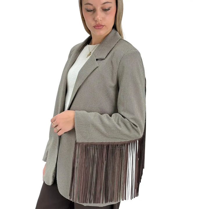 Bassini Giacca Donna Beige Pied de Poule Oversize Monopetto con Frange Marroni