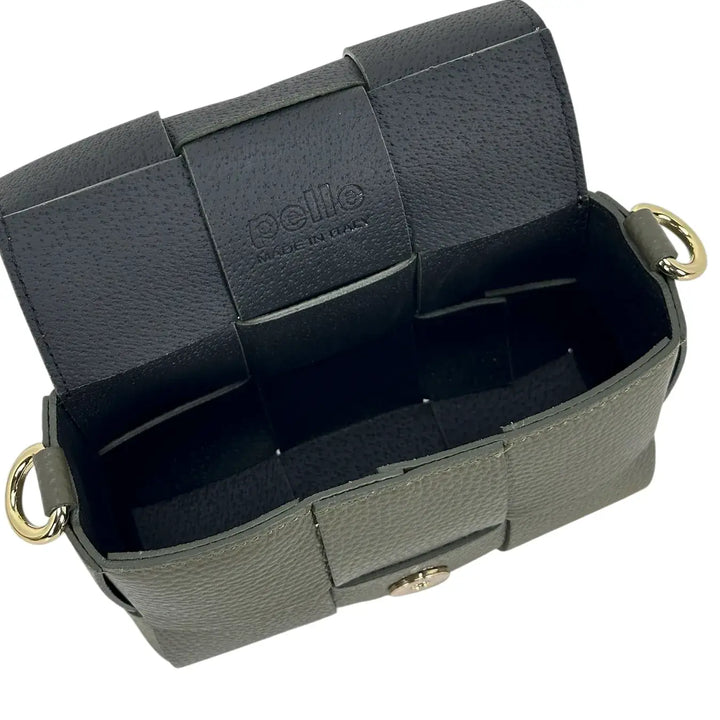 Bassini Borsa Donna Piccola in Pelle Foresta Intrecciata con Tracolla Rimovibile e Patta Magnetica