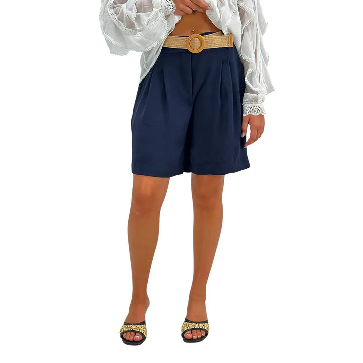 Bassini Bermuda Donna Blu in Lino e Cotone con Cintura in Rafia