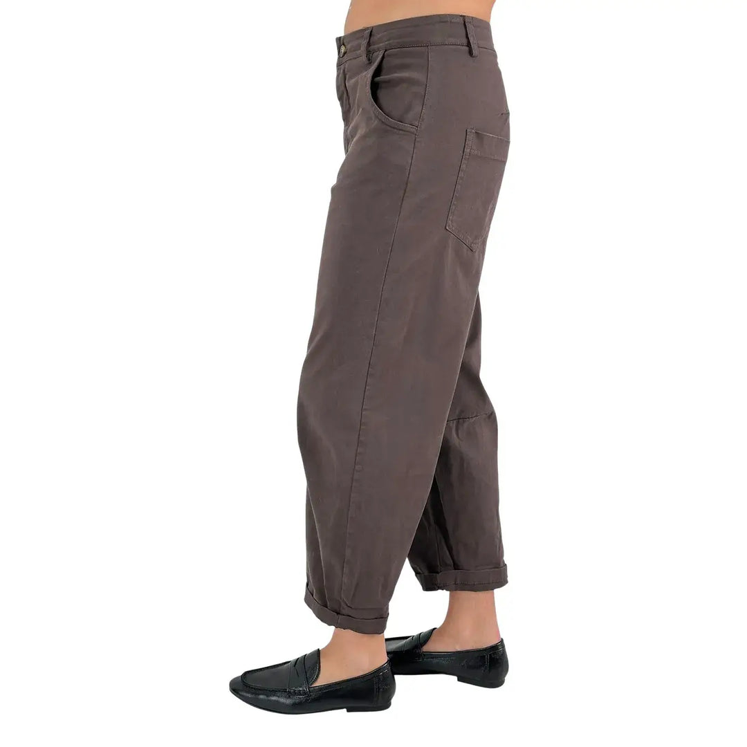Bassini Pantaloni Donna Cioccolato Cropped Baggy con Risvolto e Chiusura con Zip