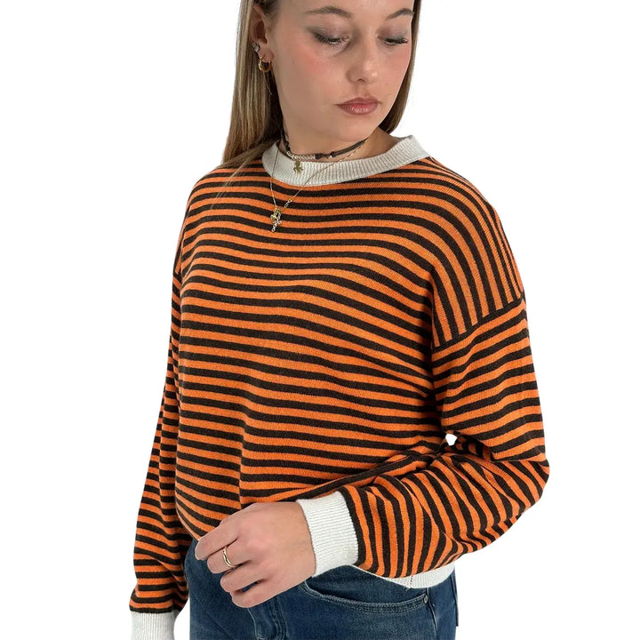 Bassini Maglia Donna Arancio a Righe Moro Girocollo Oversize con Maniche Raglan