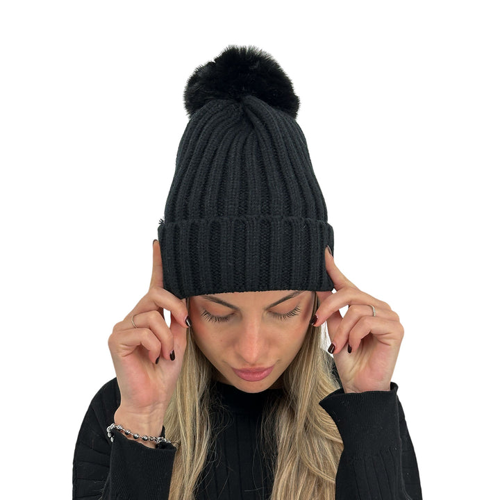 Bassini Cappello Donna, Cuffia, Pompon, Tricot, Nero