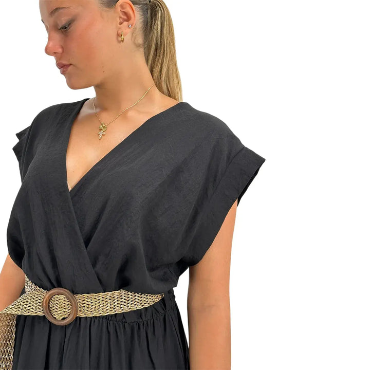 Bassini Abito Donna Nero in Mussola con Scollo V Elastico in Vita e Cinta Intrecciata