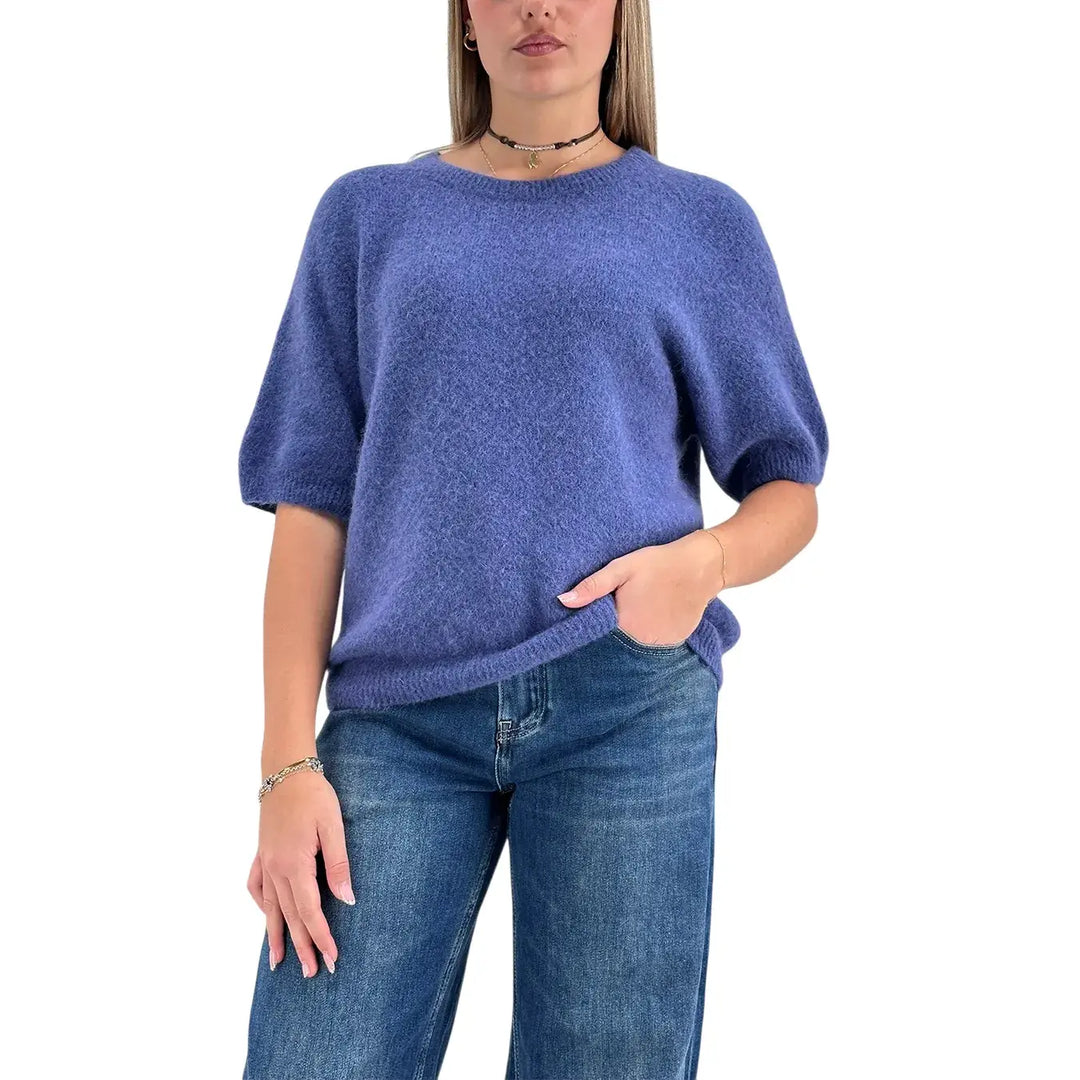 Bassini Maglia Donna Blu Cenere Girocollo Oversize con Maniche Corte Raglan e Orlo a Costine