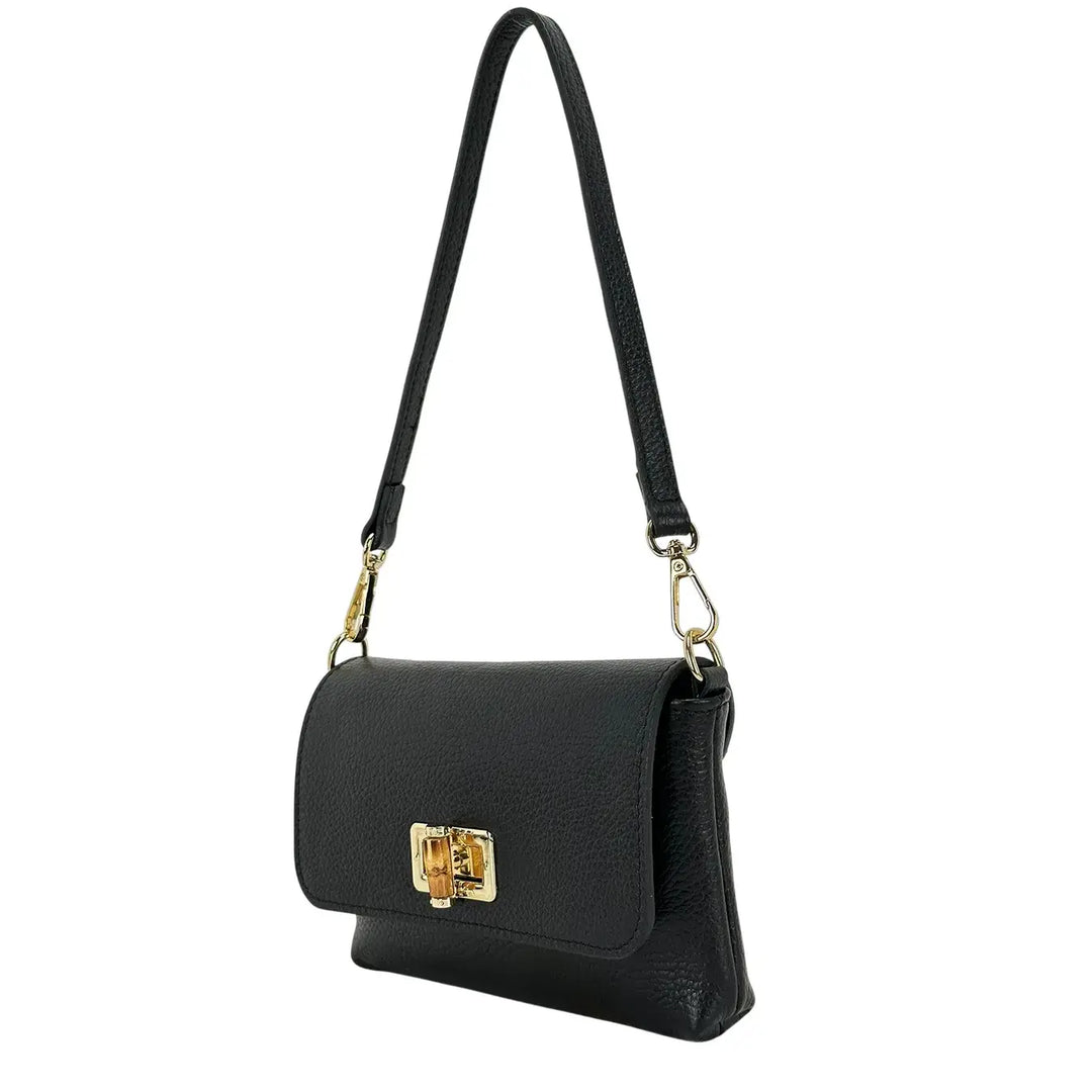 Bassini Borsa Donna Mini in Pelle Nera con Pattina Chiusura Girello Bambù e Tracolla Rimovibile