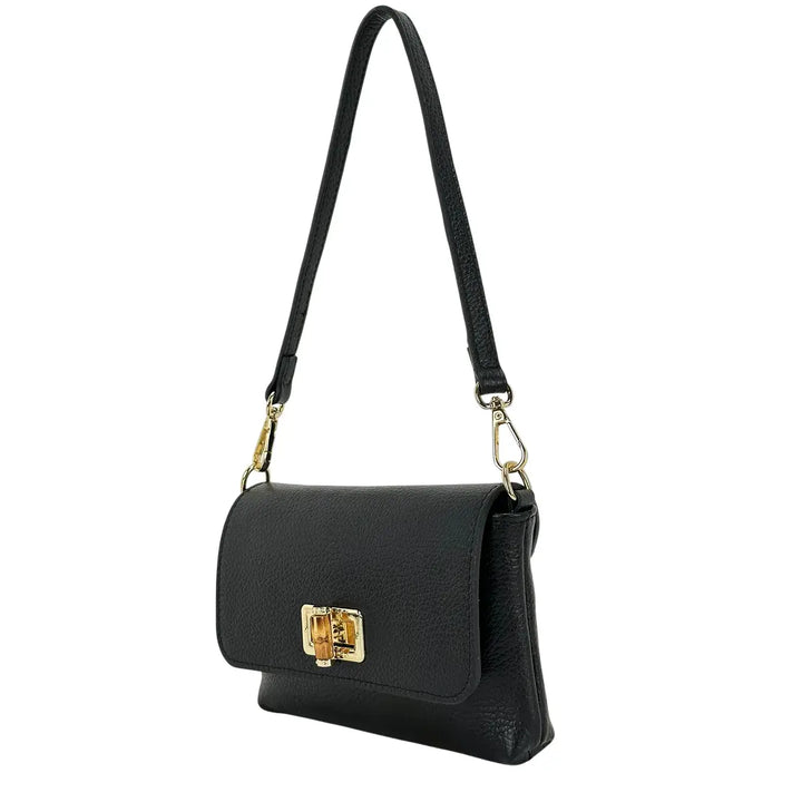 Bassini Borsa Donna Mini in Pelle Nera con Pattina Chiusura Girello Bambù e Tracolla Rimovibile