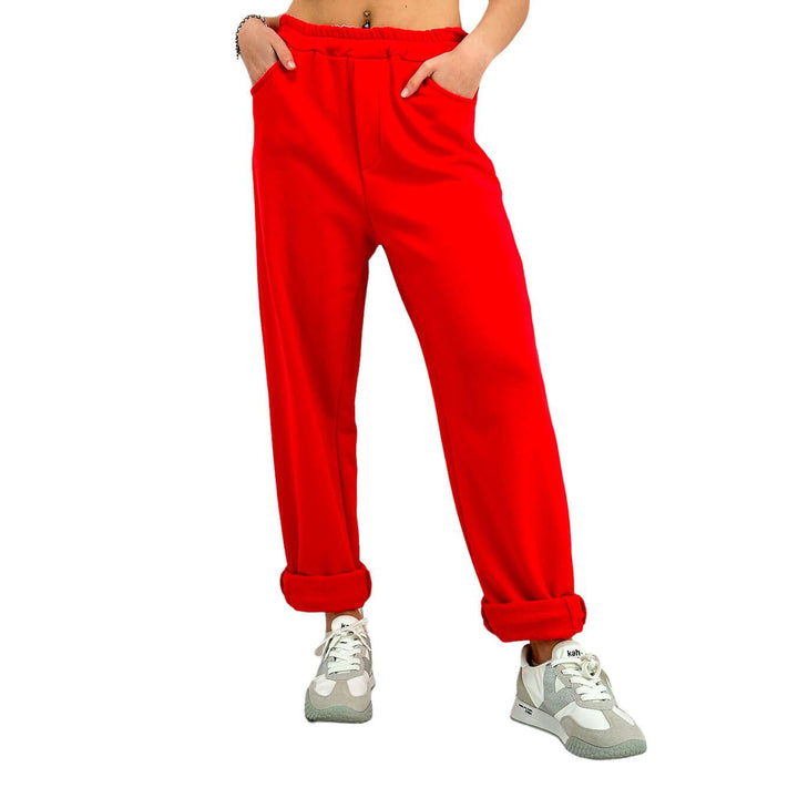 Tensione In Pantaloni Donna, Coulisse, Puro Cotone, Tasche, Rosso - BassiniBoutique.it