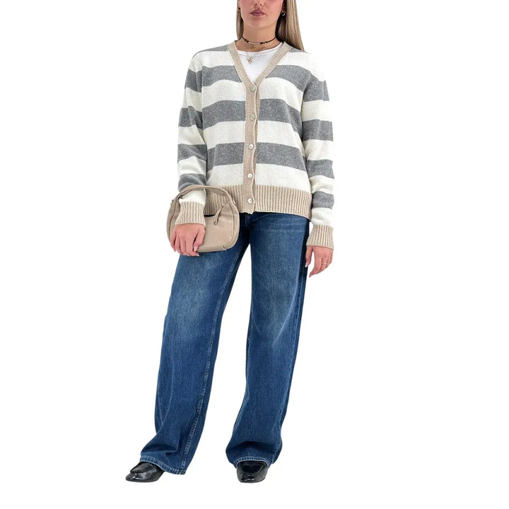 Bassini Cardigan Donna Grigio Latte e Cipria a Righe con Cinque Bottoni e Coste Beige