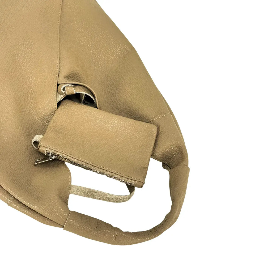 Bassini Borsa Donna Sacca Taupe Destrutturata con Lacci in Pelle e Pochette Interna