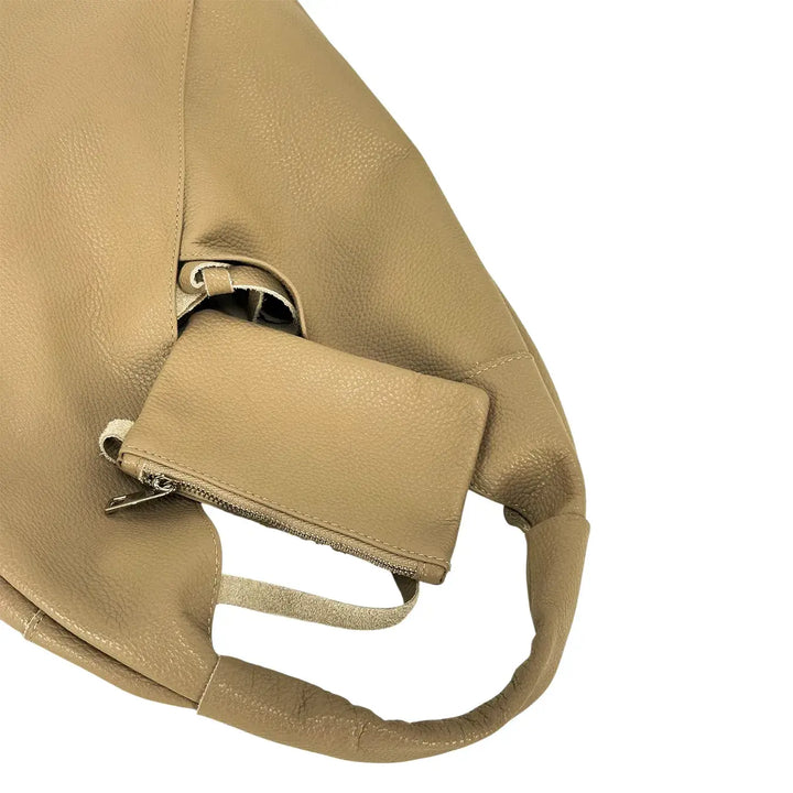 Bassini Borsa Donna Sacca Taupe Destrutturata con Lacci in Pelle e Pochette Interna