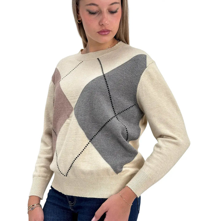Bassini Maglia Donna Avorio a Rombi Cammello e Grigio con Girocollo e Maniche Lunghe