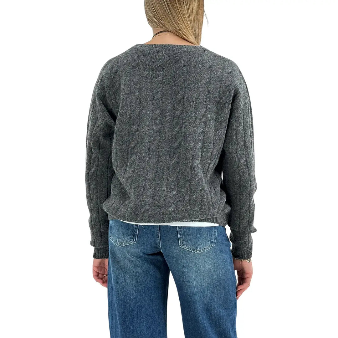 Bassini Maglia Donna Grigio Melange a Treccia con Scollo a V e Maniche Raglan Oversize