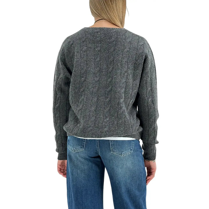 Bassini Maglia Donna Grigio Melange a Treccia con Scollo a V e Maniche Raglan Oversize
