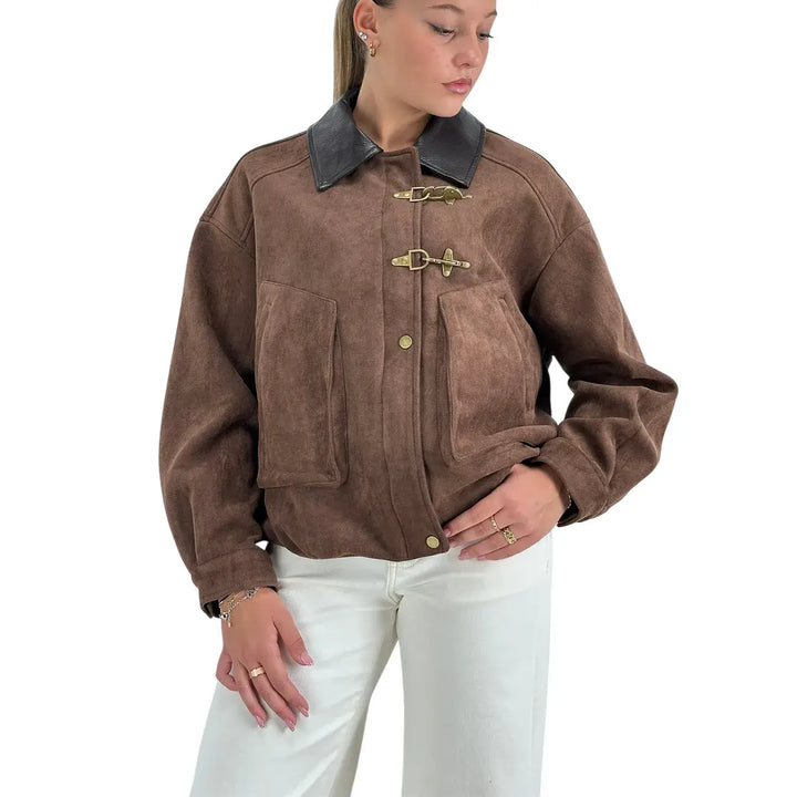 Bassini Bomber Donna Moka Oversize in Ecopelle Scamosciata con Collo Moro e Zip