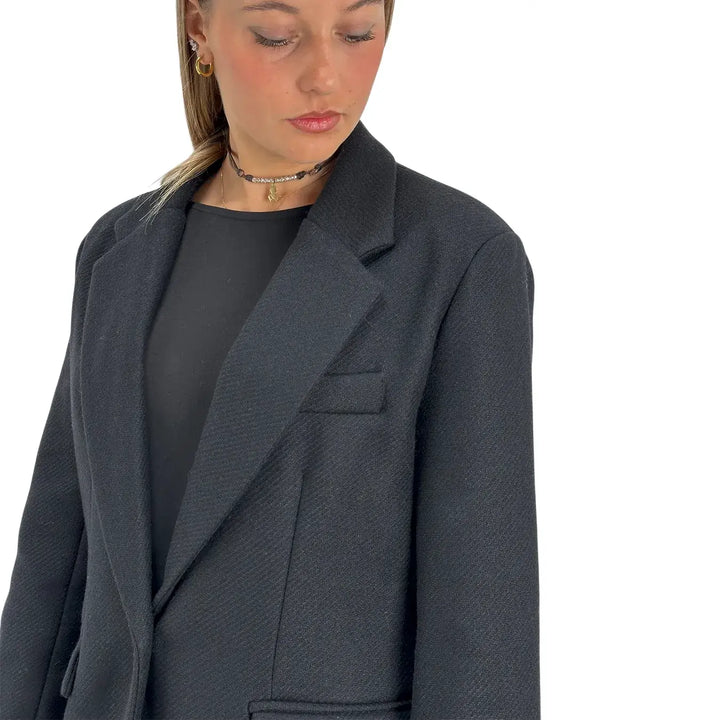 Bassini Giacca Donna Nera Monopetto con Un Bottone e Tasche con Patta