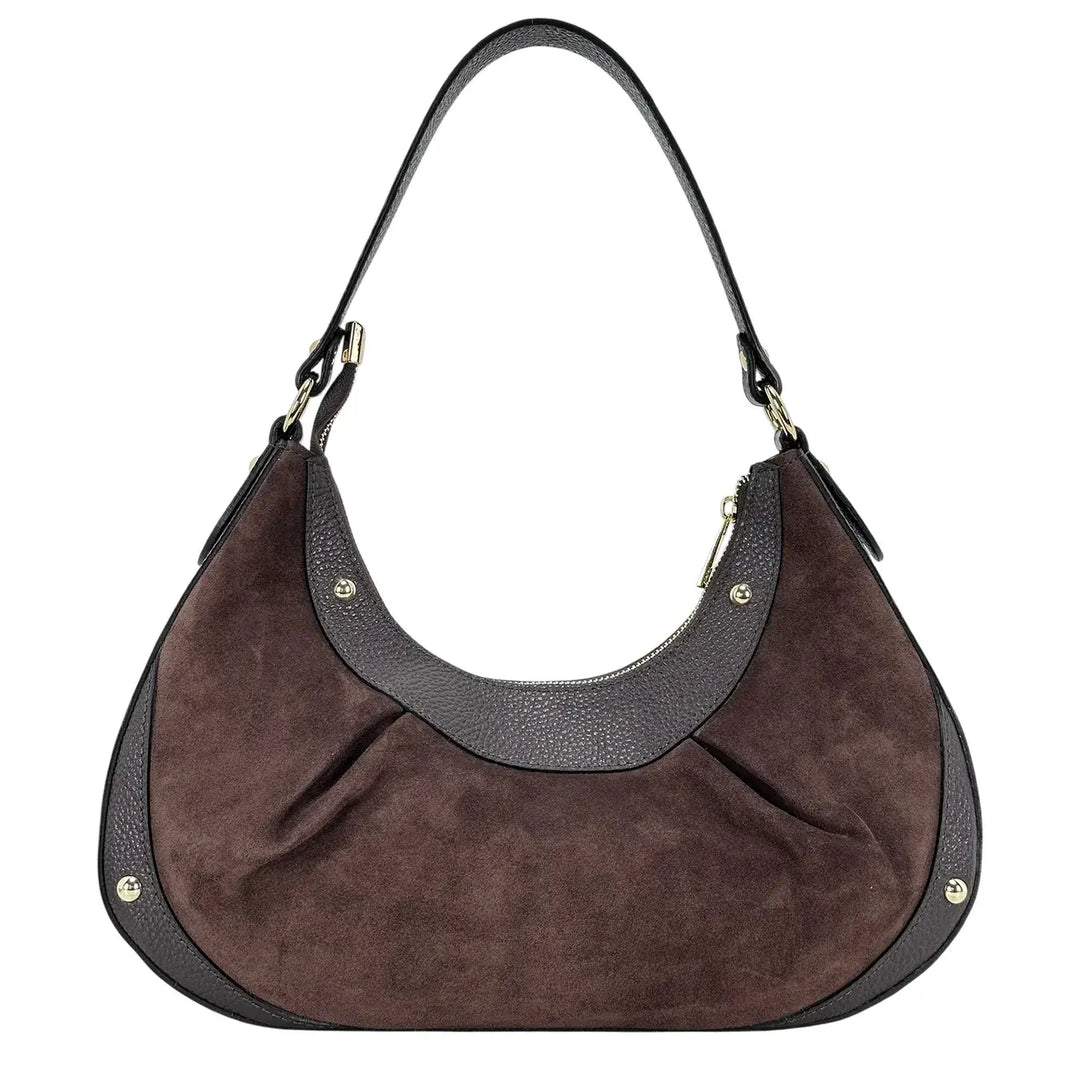 Bassini Borsa Donna a Mezza Luna in Pelle Scamosciata Cioccolato con Rifiniture in Pelle Dollaro e Borchie Oro