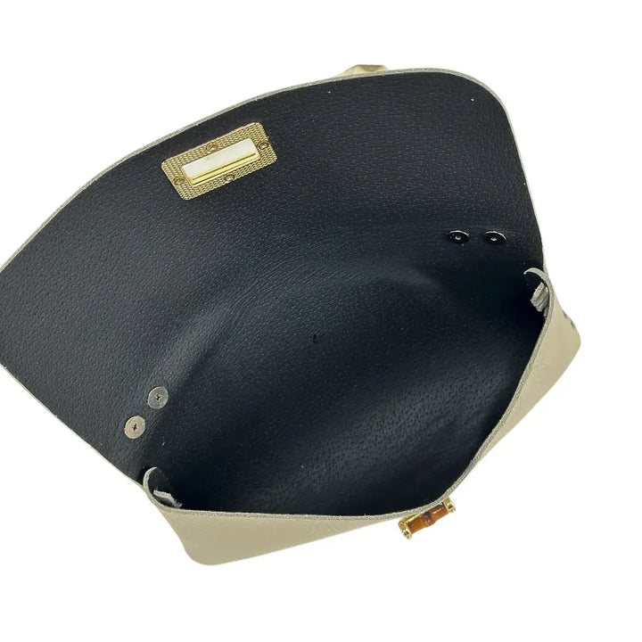 Bassini Borsa Donna Piccola in Pelle Avorio con Tracolla Oro e Chiusura Girello Bambù
