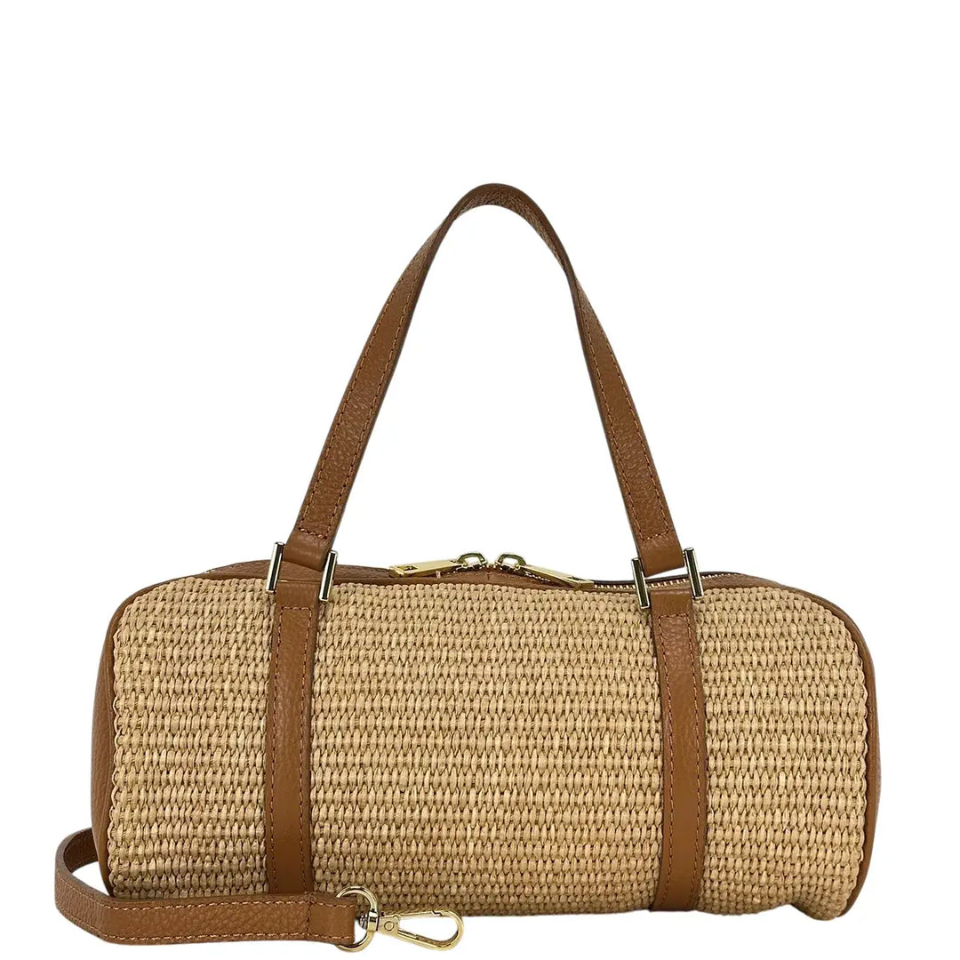 Bassini Borsa Donna Media in Rafia e Pelle Color Cuoio con Due Manici e Tracolla Rimovibile